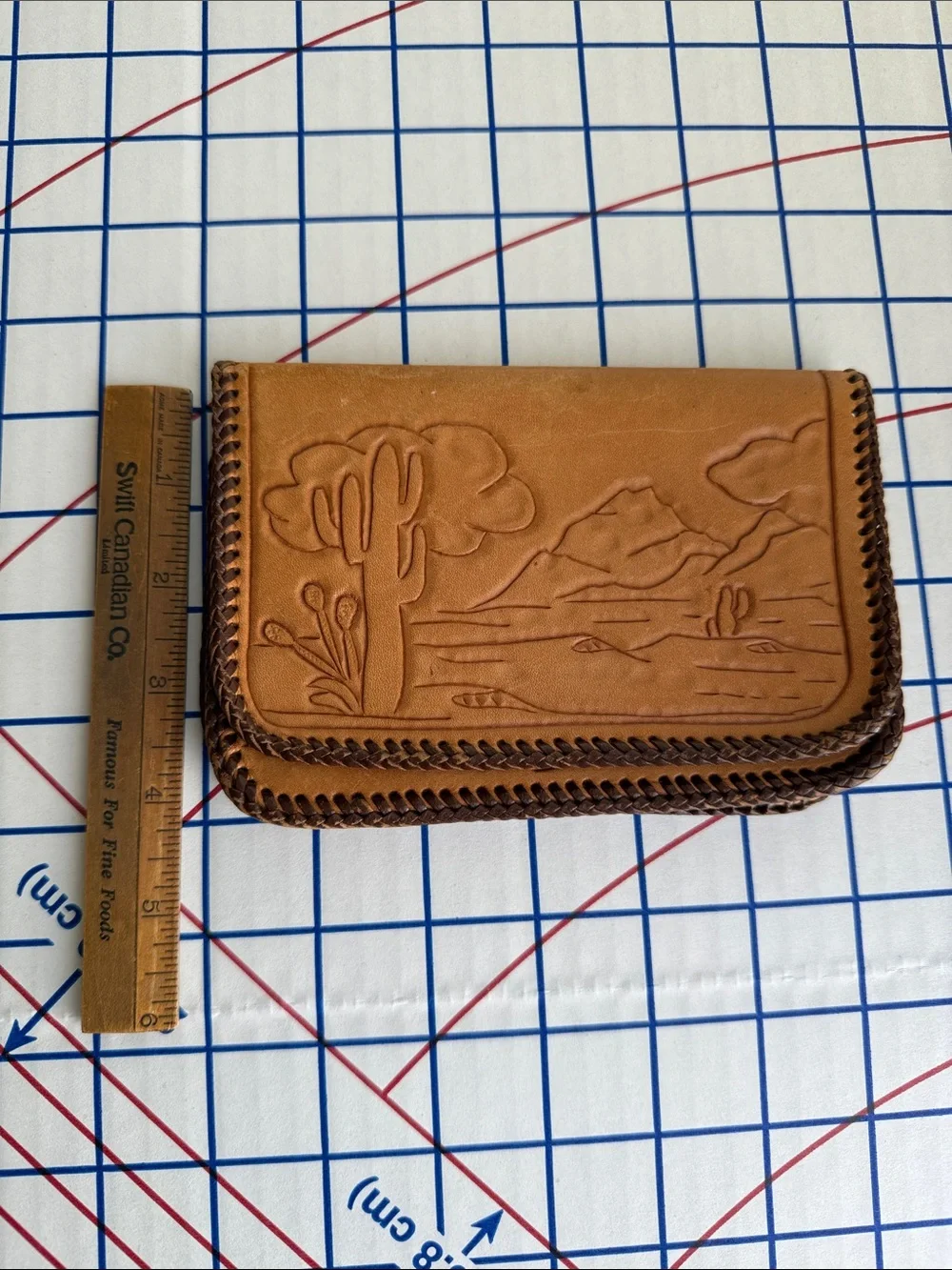 Vintage Hand Tooled Leather Wallet Clutch Southwestern Desert Cactus Whipstitch